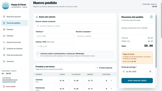 Pantalla de toma de pedidos